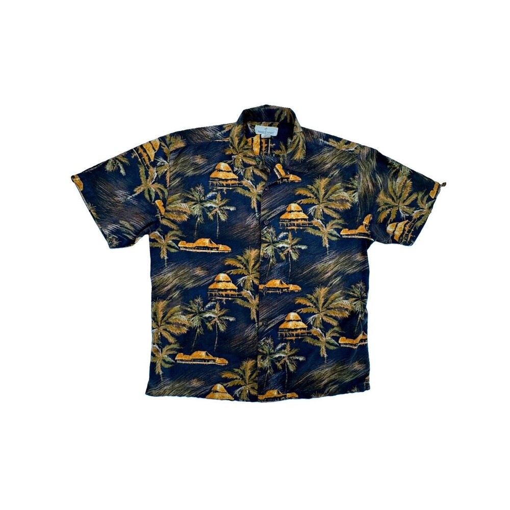 Vtg Paradise Shores Men's L Black Tropical Hawaiian Short Sleeve Woven Button-Up